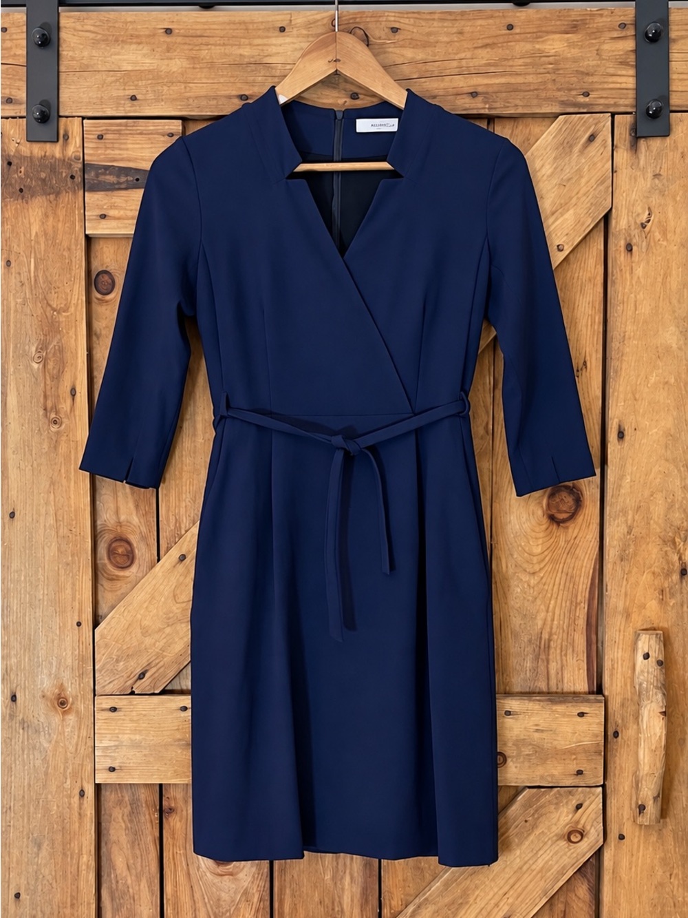 Marella Navy Blue Wrap-Style Belted Dress – 3/4 Sleeve